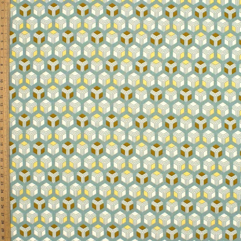 Cotton printed with cubes - sage green