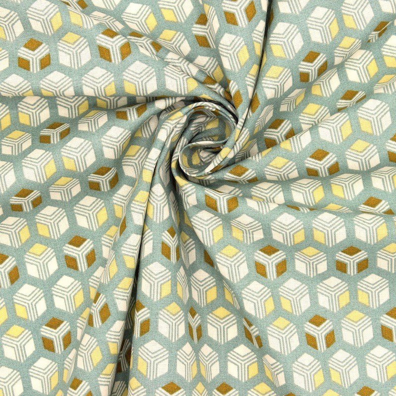 Cotton printed with cubes - sage green