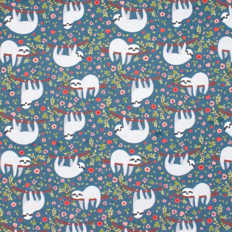 Cretonne printed with sloths - blue