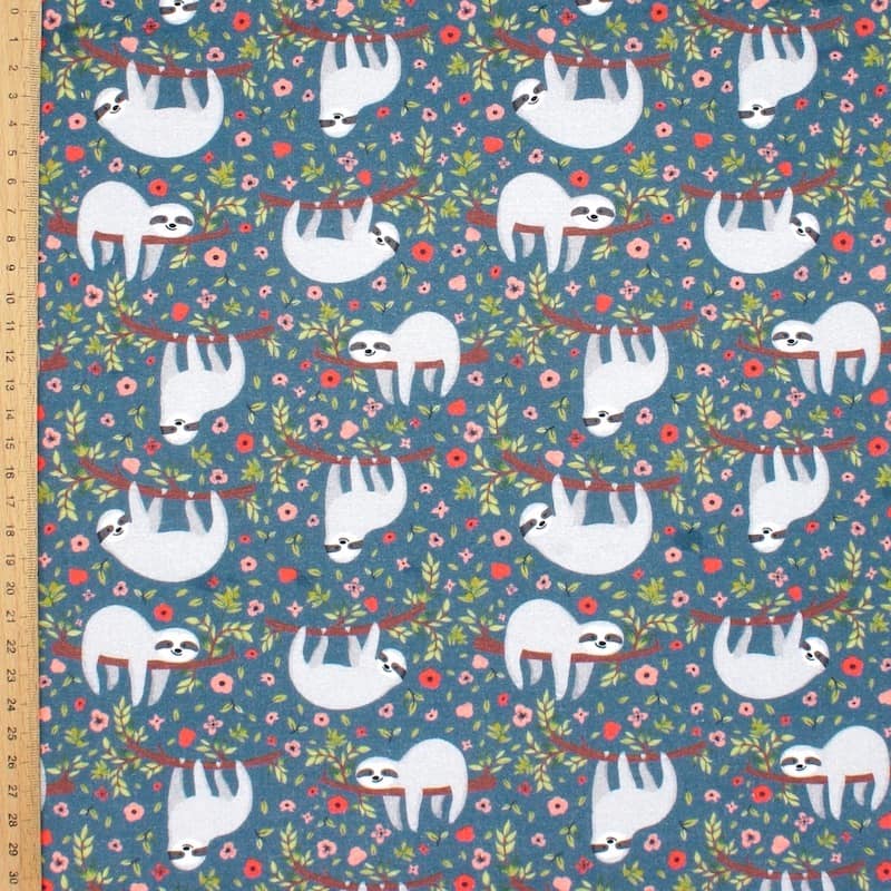 Cretonne printed with sloths - blue