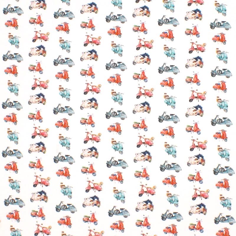 Tissu coton scooter - corail et bleu