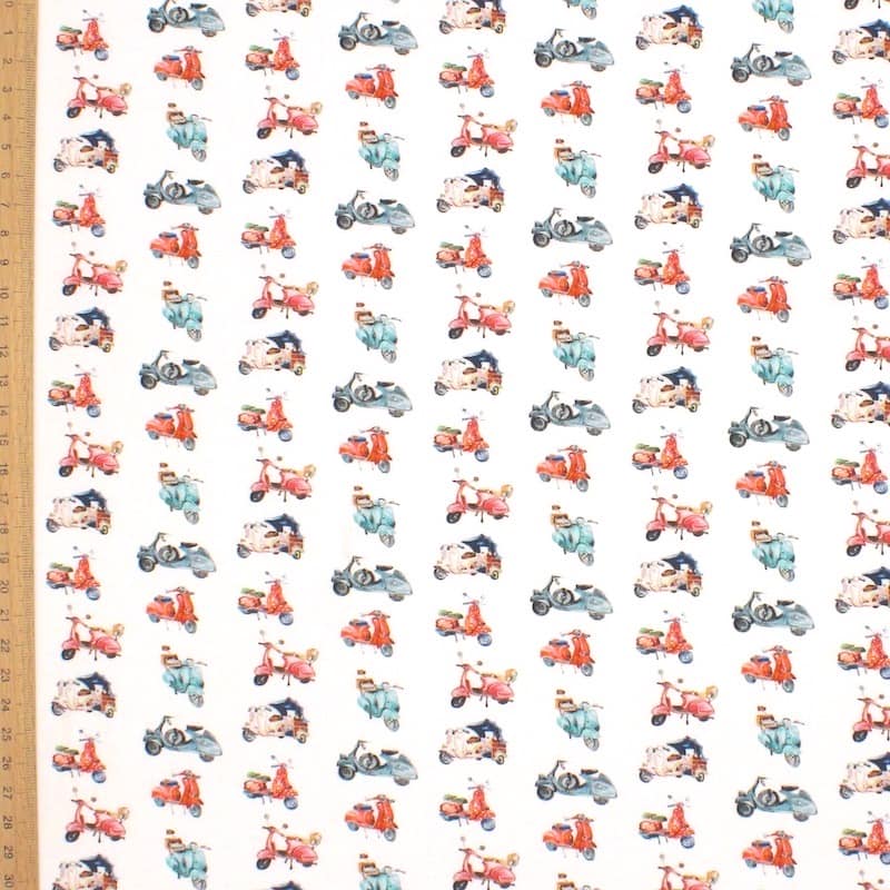 Tissu coton scooter - corail et bleu