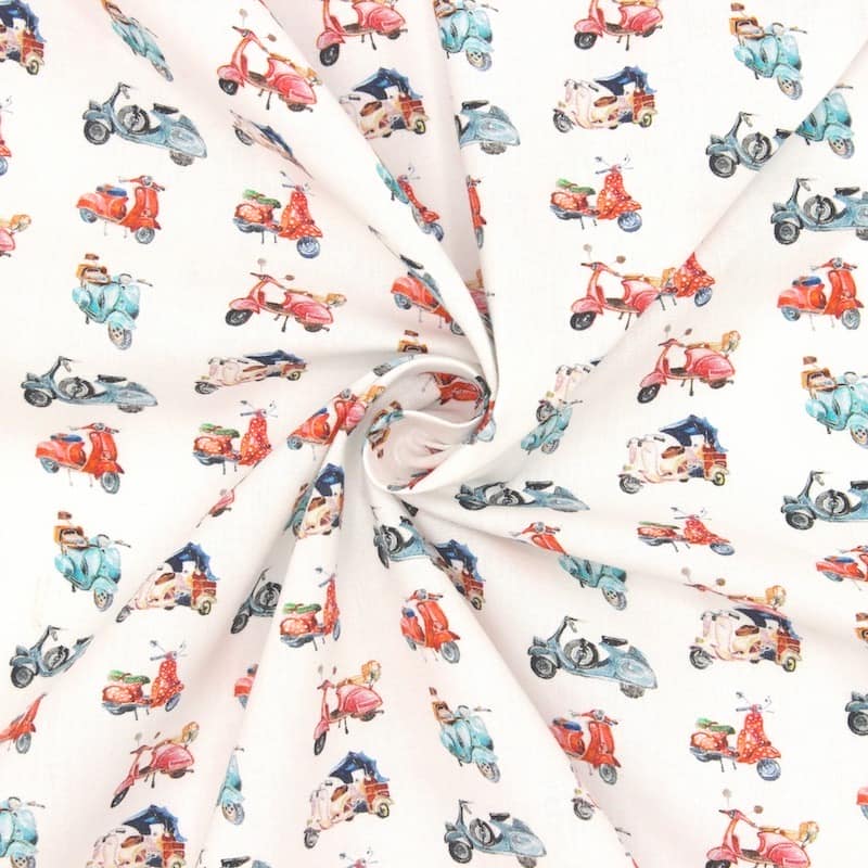 Tissu coton scooter - corail et bleu