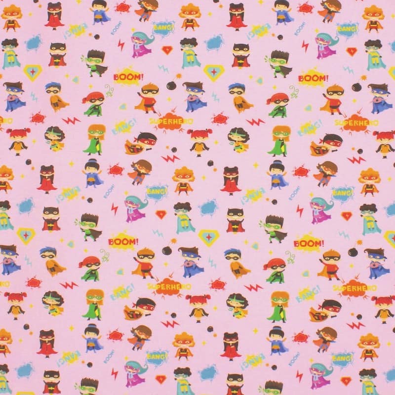 Cotton with superheroes - pink