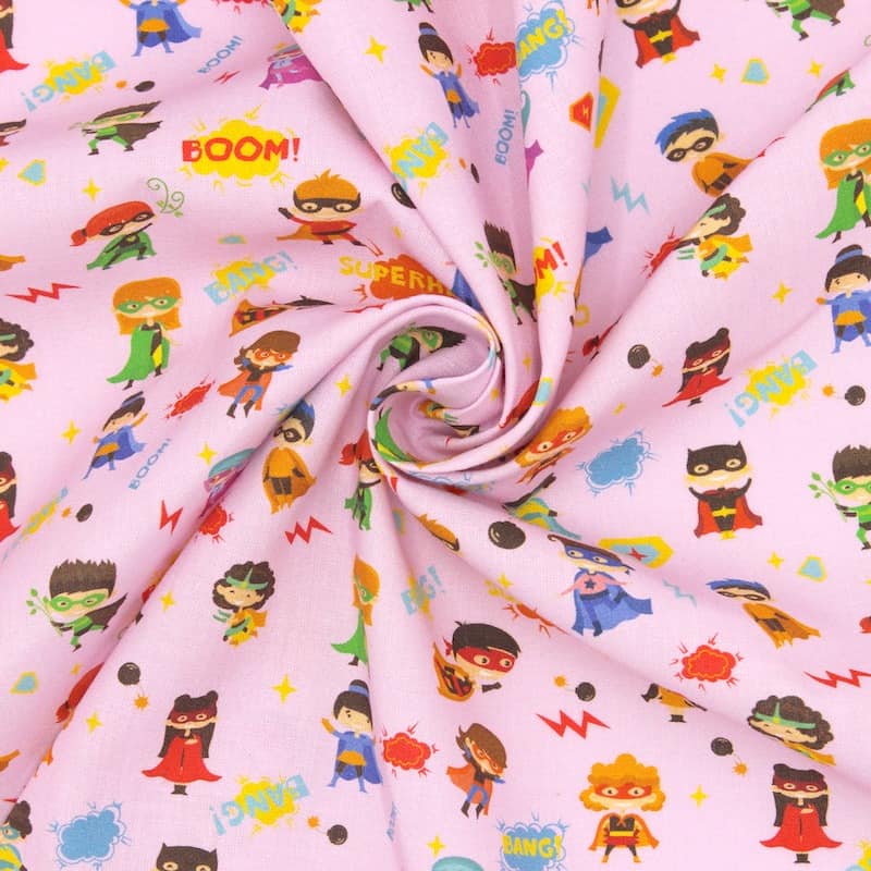 Cotton with superheros - pink