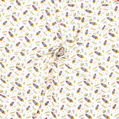 Tissu coton space rocket - blanc 