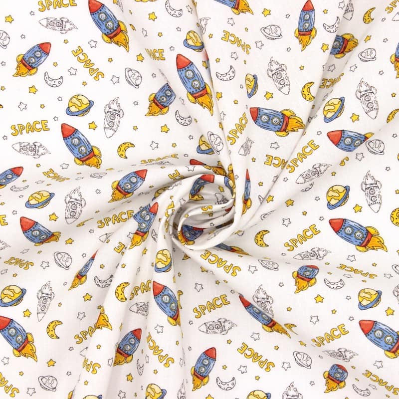 Tissu coton space rocket - blanc 