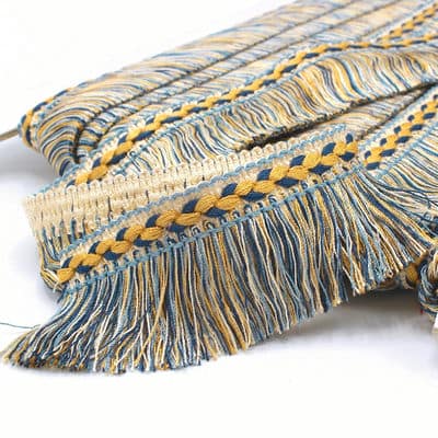 Viscose franjes - beige, mosterdgeel en blauw