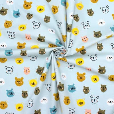 Poplin of cotton with bear's head - sky blue