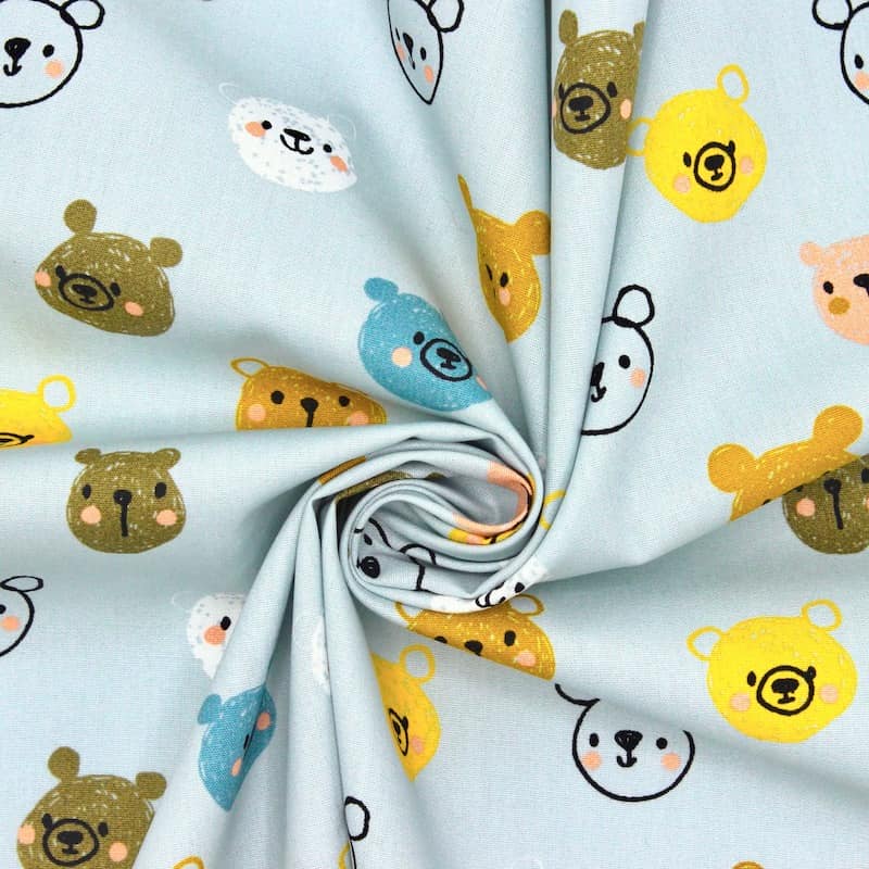 Poplin of cotton with bear's head - sky blue