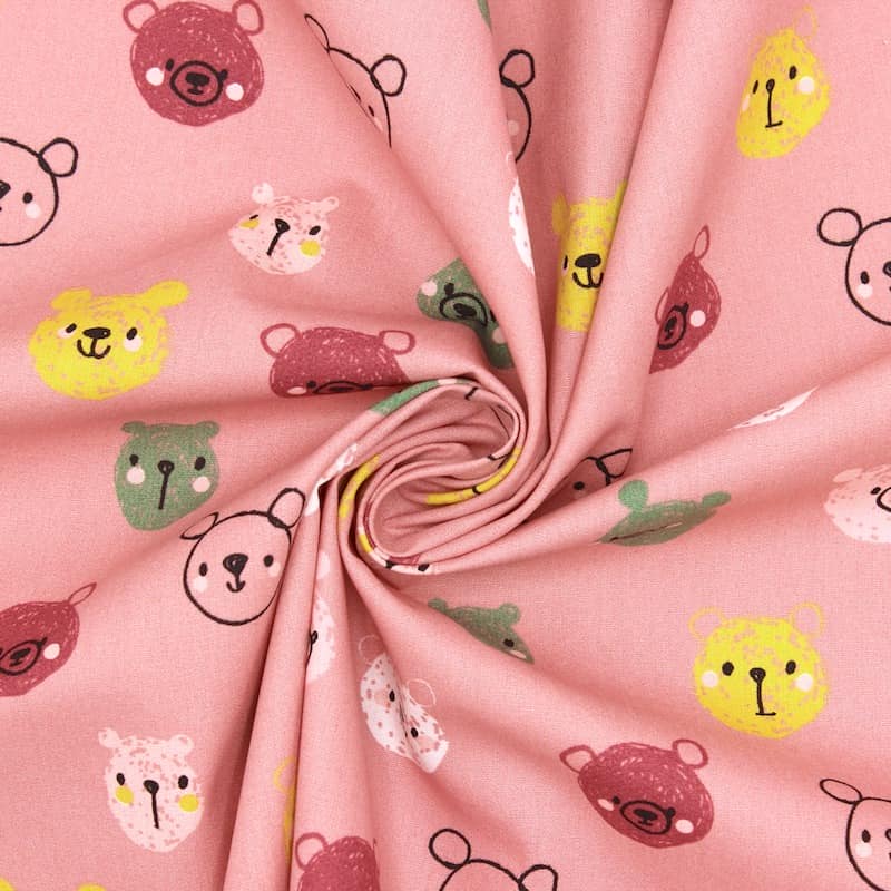 Poplin of cotton with bear's head - pink