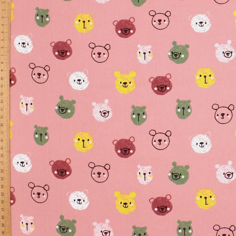 Poplin of cotton with bear's head - pink