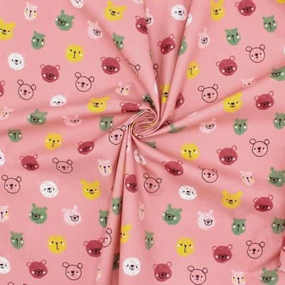 Poplin of cotton with bear's head - pink