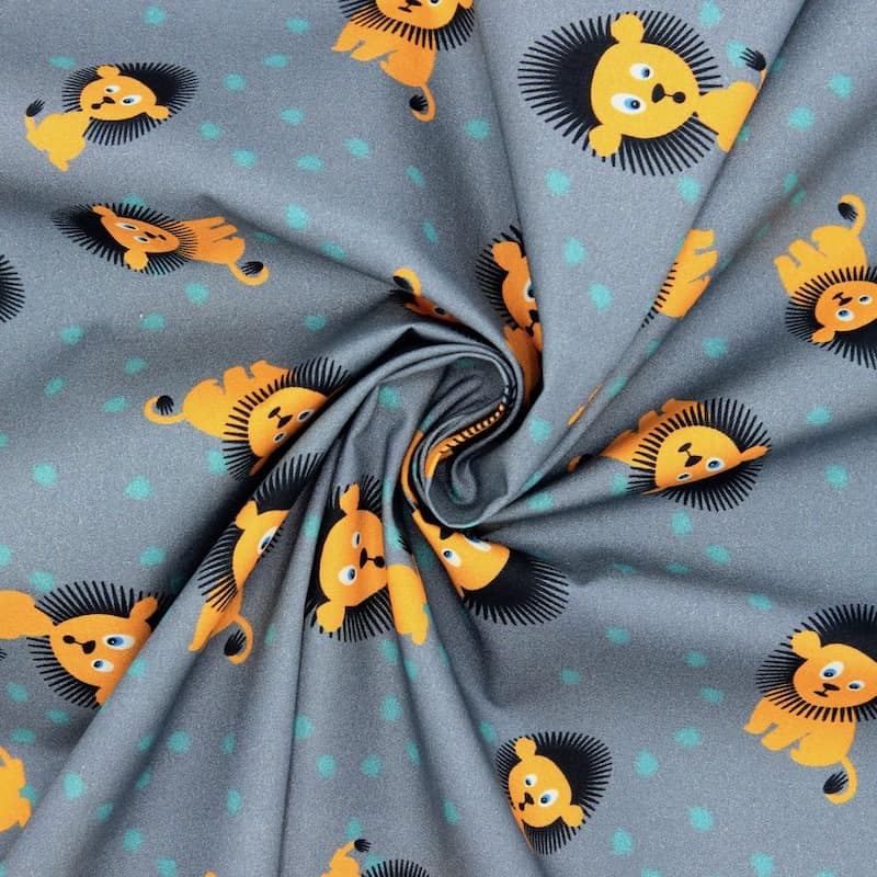 Poplin of cotton with lions - grey 