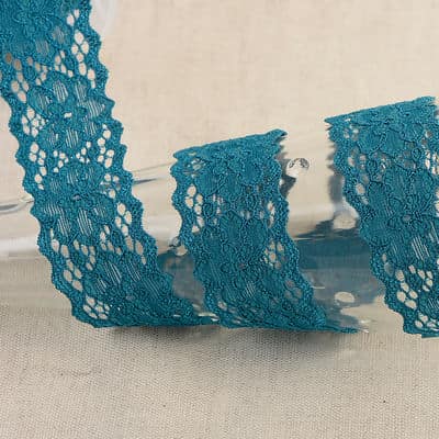 Elastic lace with flowers - teal