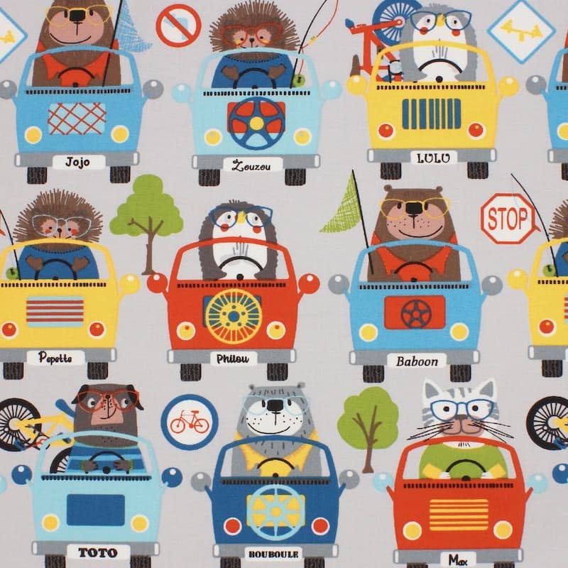 Cotton with animals and cars - grey 