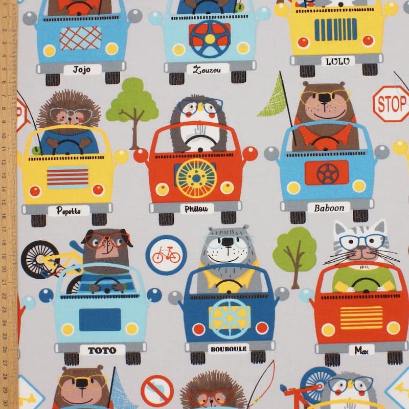 Cotton with animals and cars - grey 