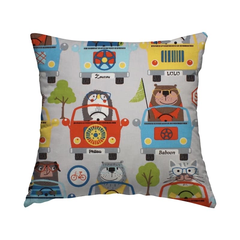 Cotton with animals and cars - grey 