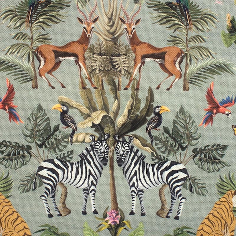 Fabric in cotton and linen with animals - sage green