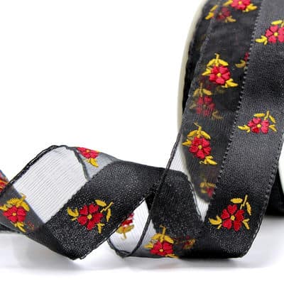 Fantasy ribbon embroidered with flowers - black 