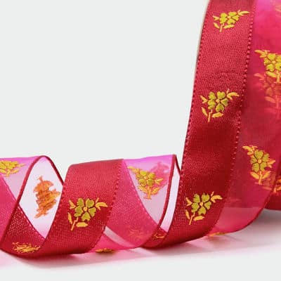 Fantasy ribbon embroidered with flowers - red