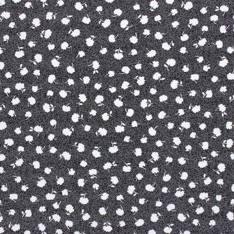 Tissu polyester fleurs- noir