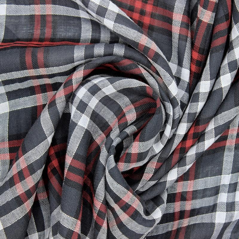 Checkered cotton fabric - grey and burgondy