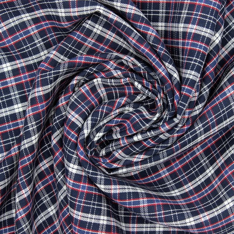 Checkered cotton fabric - navy blue, red and white