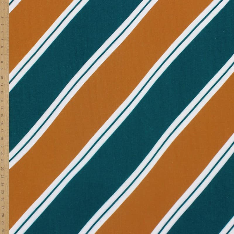 Striped viscose fabric - teal and rust-colored