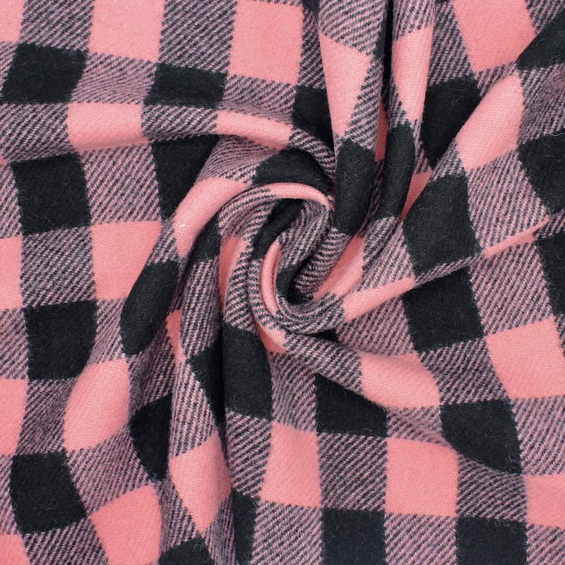 Checkered fabric 100% wool fabric - pink and black