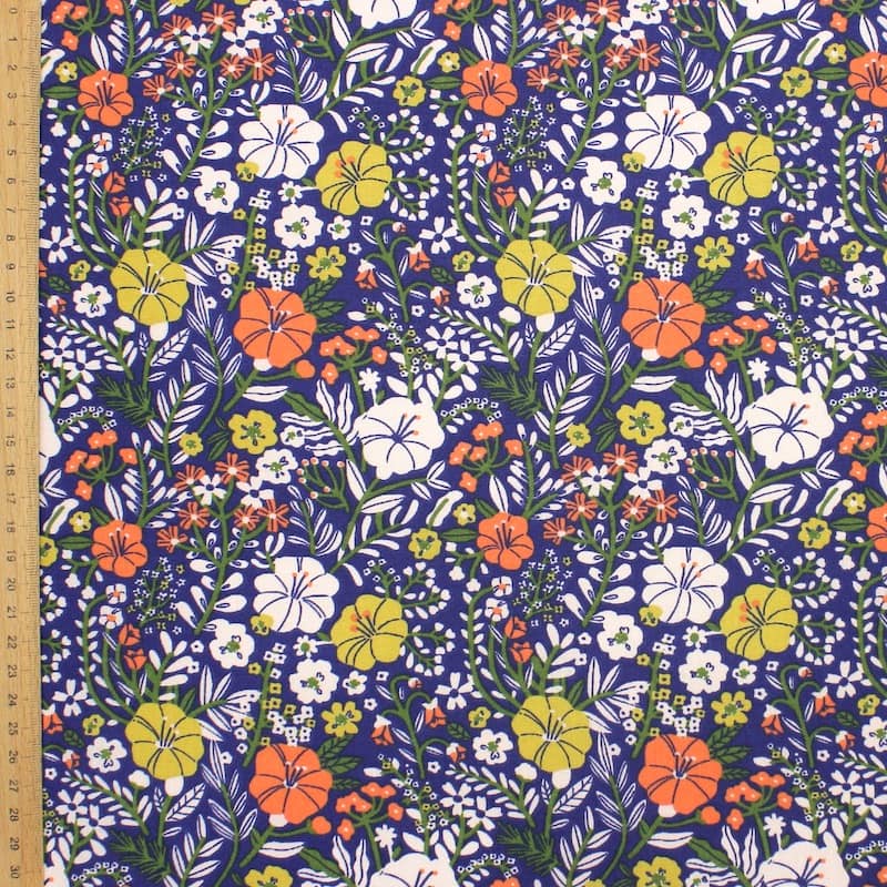 Tissu cretonne floral - bleu