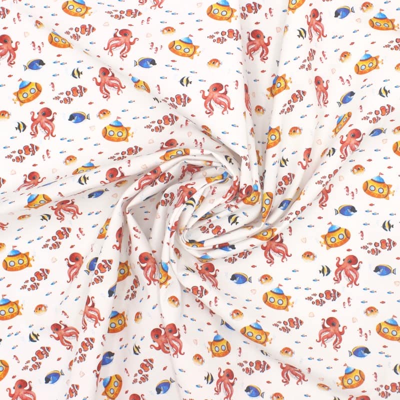 Cotton poplin with sea world - white