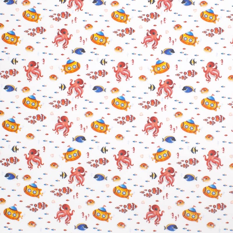 Cotton poplin with sea world - white