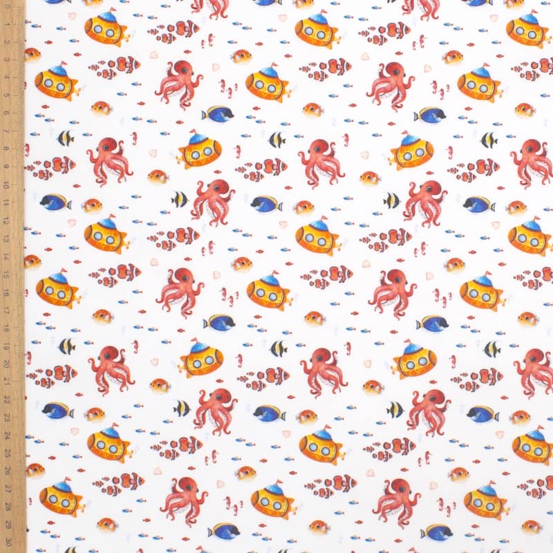 Cotton poplin with sea world - white