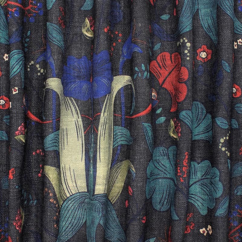 Fabric in viscose and linen with flowers - midnght blue