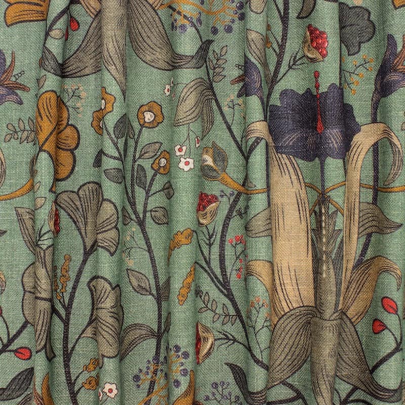 Fabric in viscose and linen with flowers - sage green