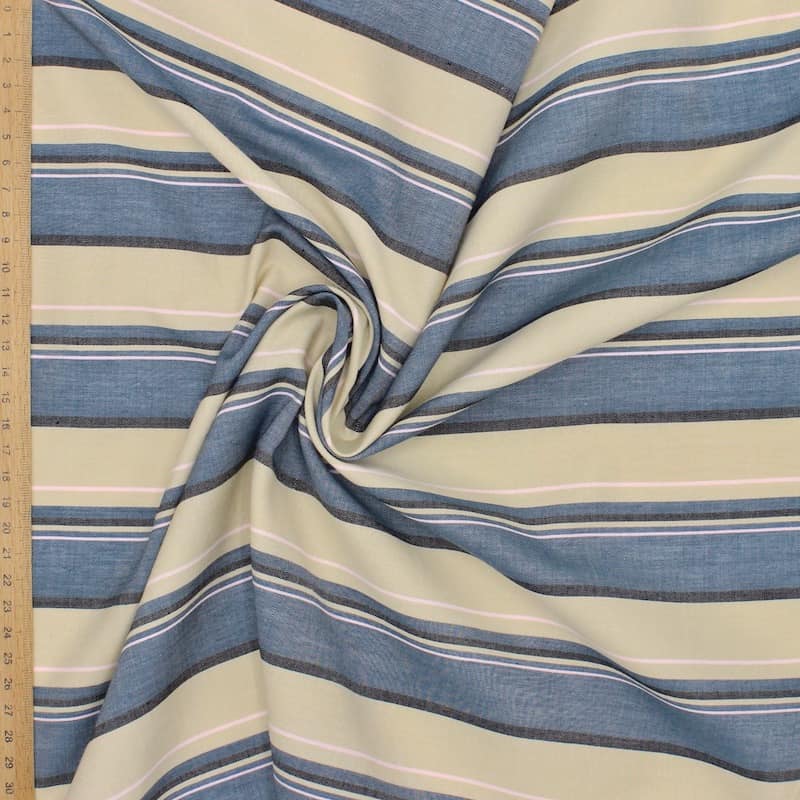 Striped fabric 100% cotton fabric - beige and denim blue