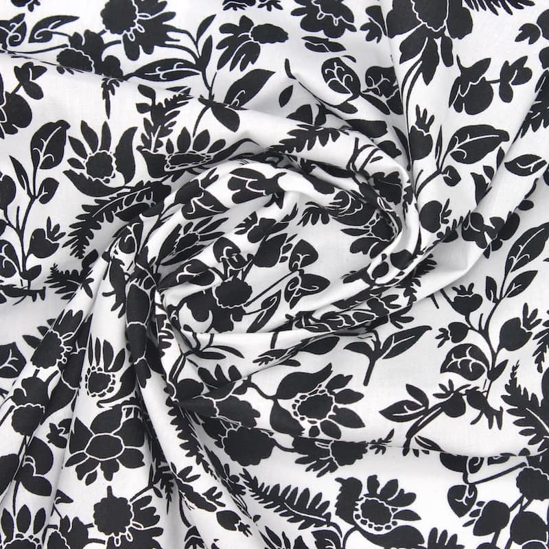 100% cotton fabric with flowers - black and white