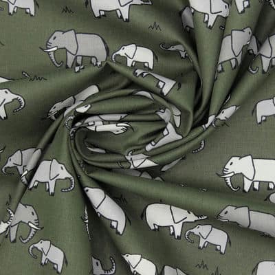 100% cotton fabric with elephants - green
