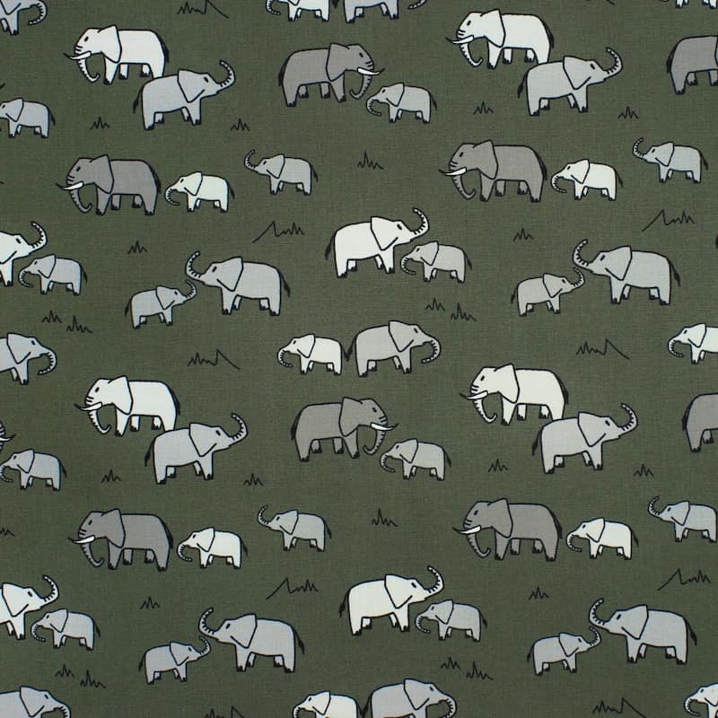 100% cotton fabric with elephants - green