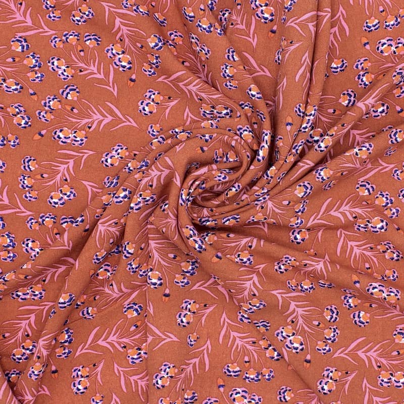 Viscose fabric with flowers - rust-colored