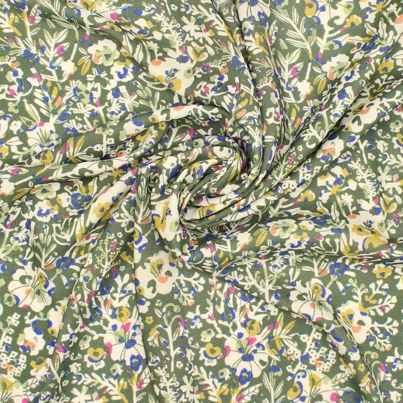 Viscose fabric with flowers - green