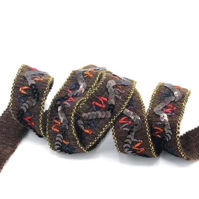 Fantasy ribbon with wool aspect and sequins - brown