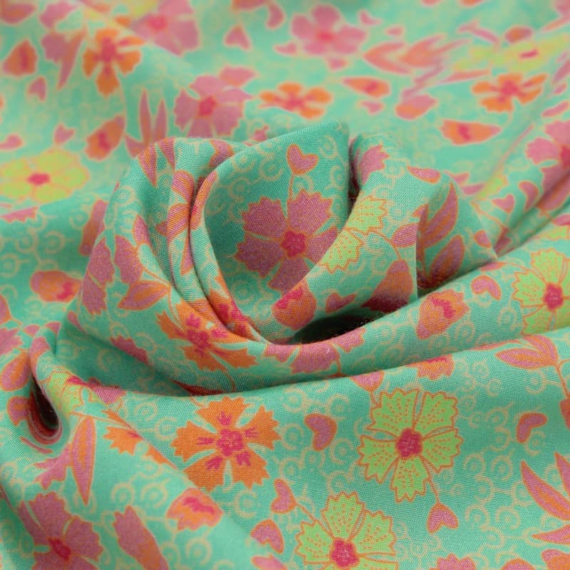 Viscose fabric with flowers - green