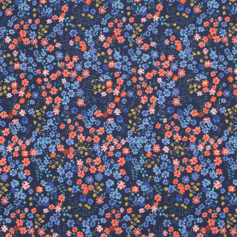 Katoen stof met bloemen - marineblauw