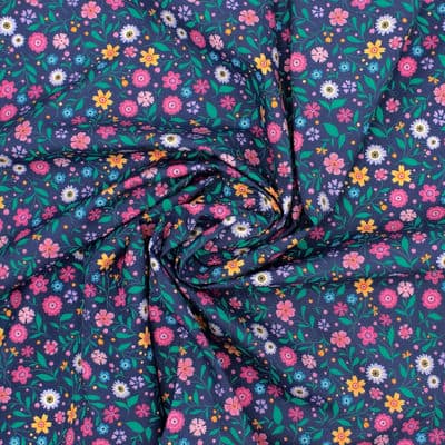 Cotton fabric with flowers - navy blue 