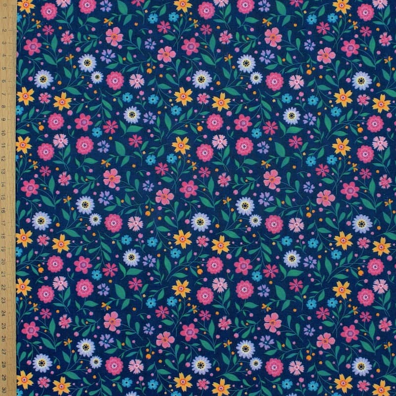 Cotton fabric with flowers - navy blue 