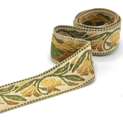 Vintage jacquard braid trim - mustard yellow and green 