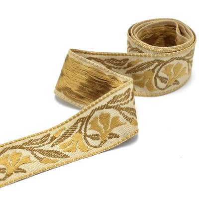 Vintage jacquard braid trim - beige and mustard yellow 