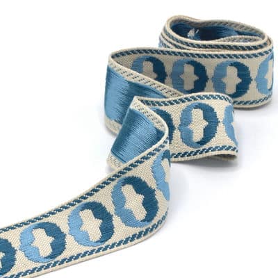 Vintage jacquard biesband - ecru en blauw 